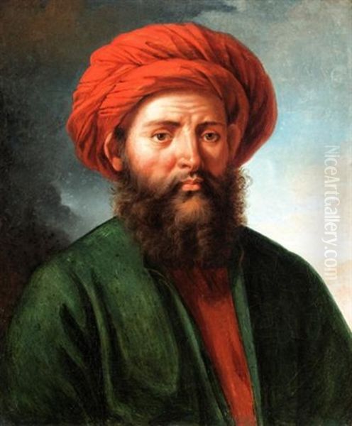 Portrait Of A Man, Bust Length, Wearing A Red Turban Oil Painting by Anne-Louis Girodet de Roucy-Trioson