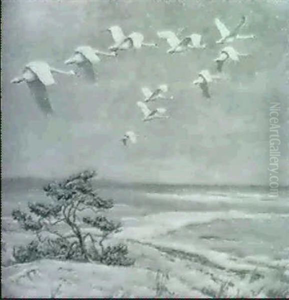 Svanetraek Ved Vintertide Oil Painting by William Gislander