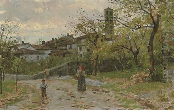 A Woman And Child On A Path Outside A Village Oil Painting by Bartolomeo Giuliano