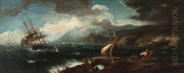 Naufrage Pres D'un Rocher Oil Painting by Johannes (Jan) Glauber