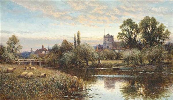 Sheep Grazing Before Wrotham Church, Twilight Oil Painting by Alfred Augustus Glendening Sr.
