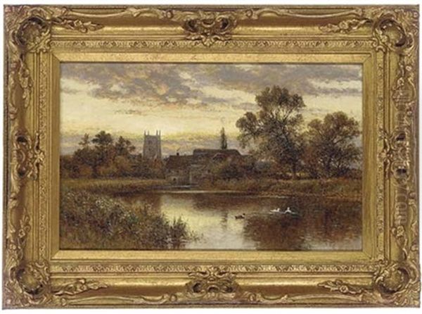 Sunset Along The River, A Village Beyond Oil Painting by Alfred Augustus Glendening Sr.