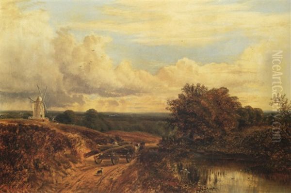 Driver With Horse Cart And Dog On A Road Near A Pond With Distant Windmill Oil Painting by Alfred Augustus Glendening Sr.