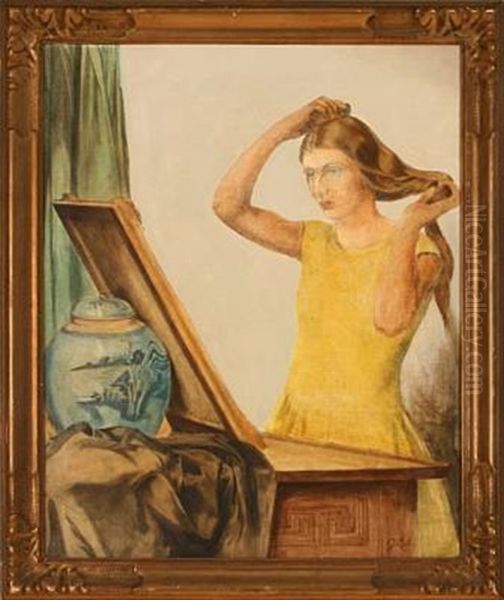 A Girl Combing Her Hair Oil Painting by Johannes Ejner Glob