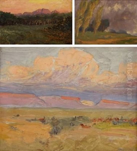 Poplar Trees In A Stormy Landscape; Clouds Over Distant Moutains And Early Evening In A Clearing (3 Works) Oil Painting by Allerley Glossop