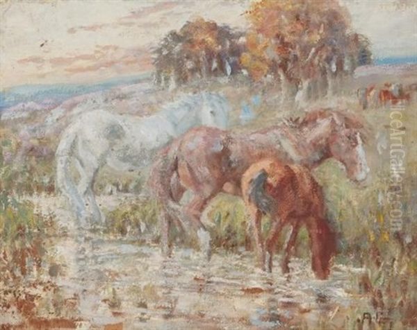 Horses In A Paddock Oil Painting by Allerley Glossop