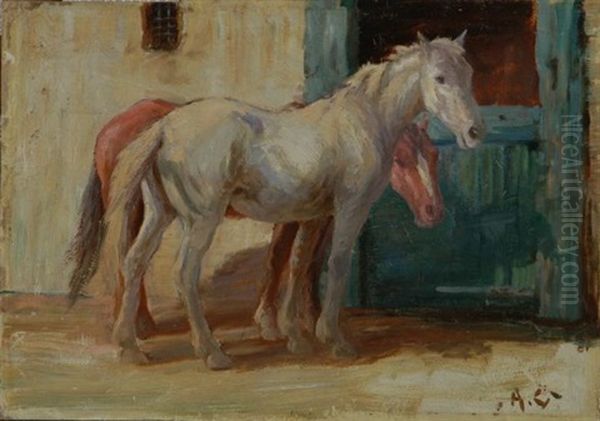 Two Horses Outside A Stable Oil Painting by Allerley Glossop
