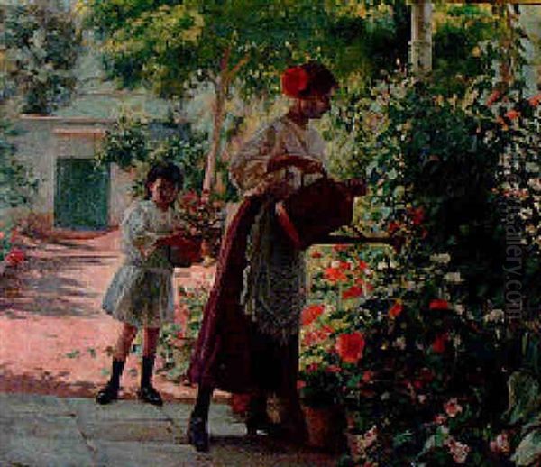 Regando Las Flores Oil Painting by Federico Godoy y Castro