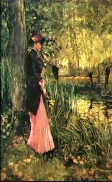 Nathalie Goeneutte, The Artist's Sister On A River Bank Oil Painting by Norbert Goeneutte