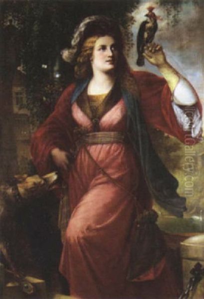 A Falcon Huntress Oil Painting by Caspar Ludwig Goerke