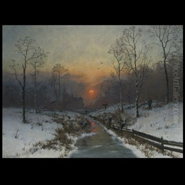 Winter River Landscape Oil Painting by Heinrich Gogarten