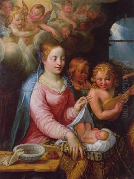 The Virgin And Child With Music-making Angels And The Annunciation To The Shepherds Beyond Oil Painting by Hendrik Goltzius