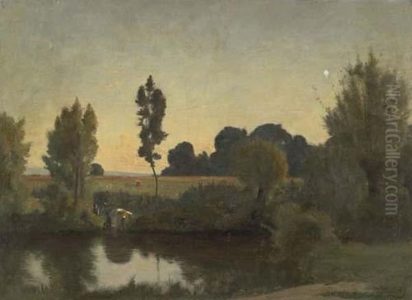 Landschaft Mit Weiher. Oil Painting by Jules Louis Badel