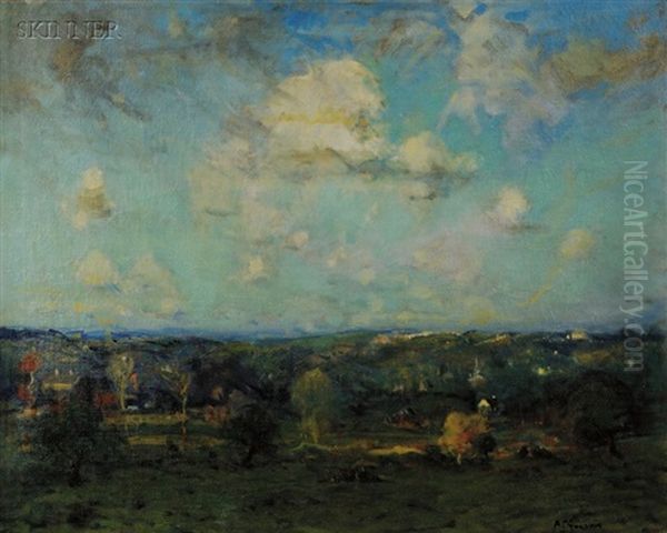 View From The Hilltop/possibly A Milton, Massachusetts Landscape Oil Painting by Arthur Clifton Goodwin