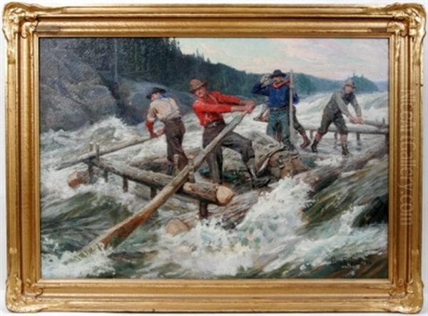 Logging Scene With 5 Men Oil Painting by Philip Russell Goodwin