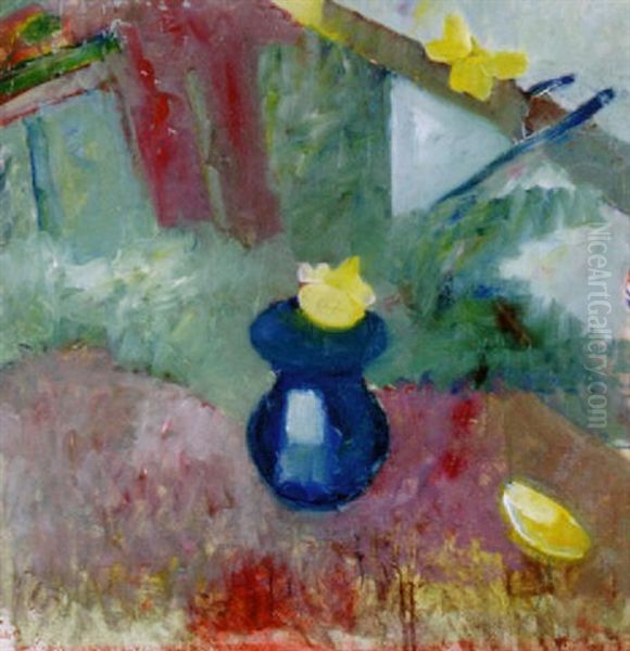 Ensam Blomma I Bla Vas Oil Painting by Ake Goeransson