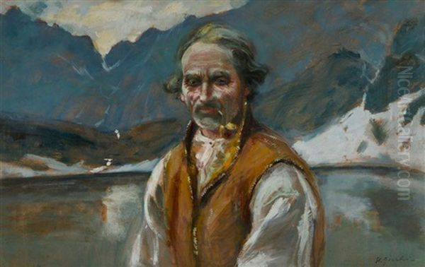 Goral Z Fajka Na Tle Morskiego Oka Oil Painting by Stanislaw Gorski