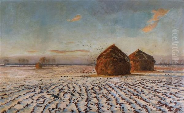 Pejzaz Zimowy Z Dwoma Stogami Na Polu Oil Painting by Michael Gorstkin-Wywiorski