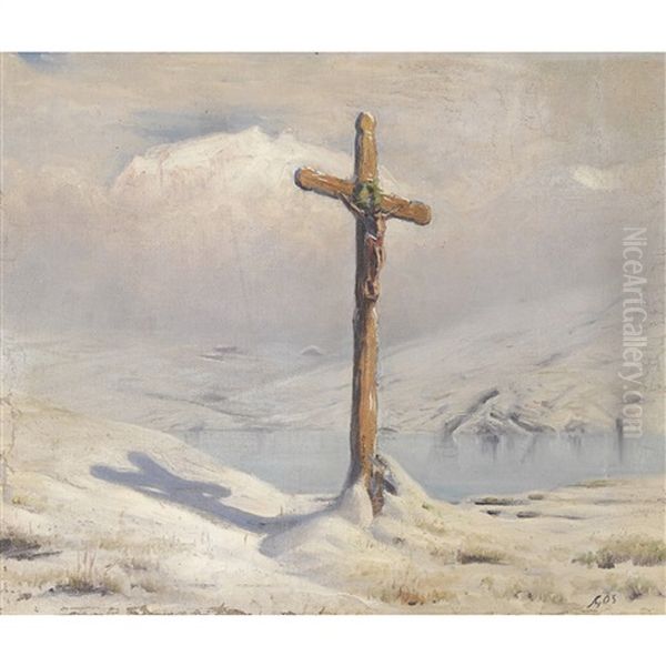 Winterlandschaft Mit Wegkreuz Oil Painting by Albert Henri John Gos