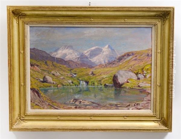 Mountain And Lake Scene Oil Painting by Albert Henri John Gos