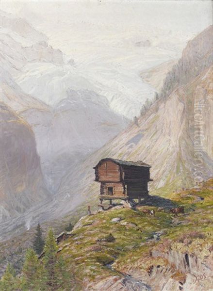Walliser Alpenlandschaft Mit Kleiner Viehherde Oil Painting by Albert H. Gos