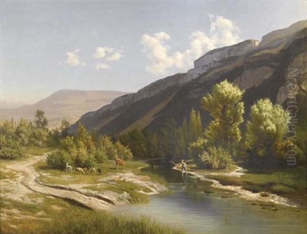Berger Au Bord D'une Riviere Oil Painting by Albert Henri John Gos