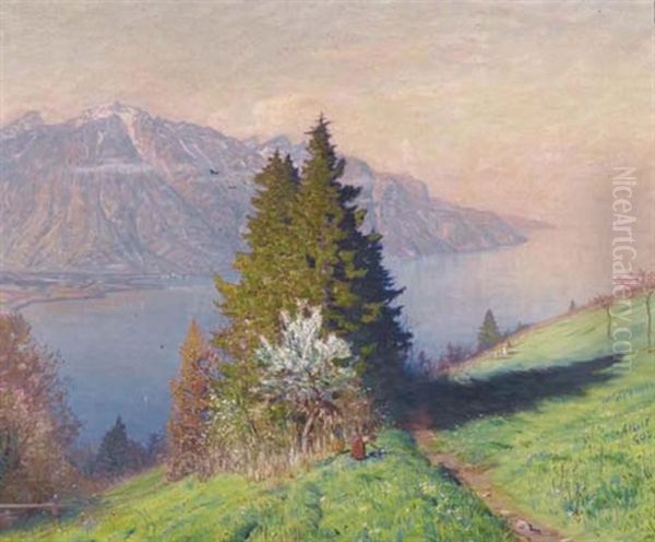Vue De Geneve Et Saint Gingolphe Oil Painting by Albert Henri John Gos