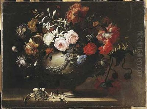 Nature Morte Au Vase De Fleurs Sur Un Entablement Oil Painting by Gerard Goswin