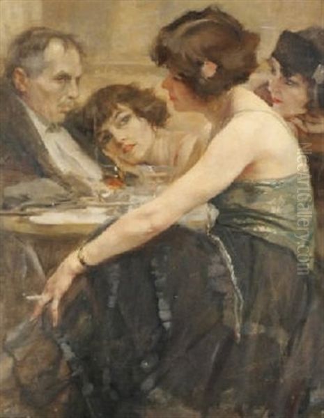 Noctambule Attable Avec Trois Filles Oil Painting by Jean Leon Henri Gouweloos