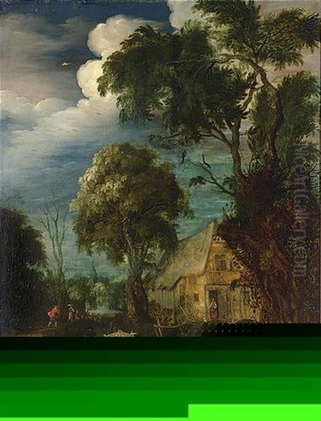 A Wooded Landscape With Peasants With A Horse-drawn Cart Near A Farm And Shepherds With Their Flock On A Path In The Background Oil Painting by Abraham Govaerts