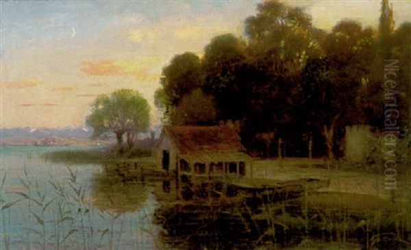 Bootshaus Bei Possenhofen Am Starnberger See Oil Painting by Theodor Graetz