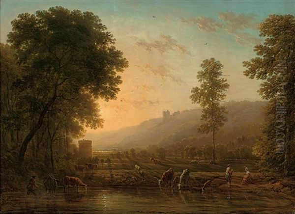 Watering Cattle At Dusk Oil Painting by Victor de Grailly