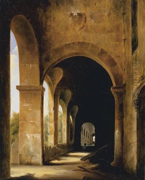 A Cloister With A Gardener Wheeling A Barrow Oil Painting by Francois Marius Granet