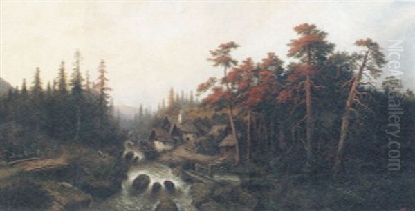 A River Torrent In An Autumnal Mountain Landscape Oil Painting by Leopold Graninger