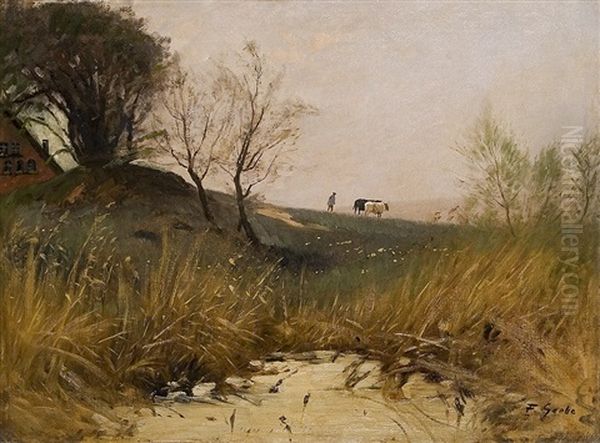 Farmer With Cows Oil Painting by Fritz Grebe