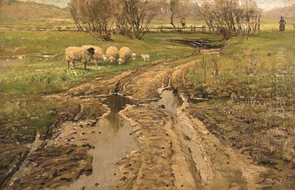 Schafe Am Feldweg Oil Painting by Fritz Grebe