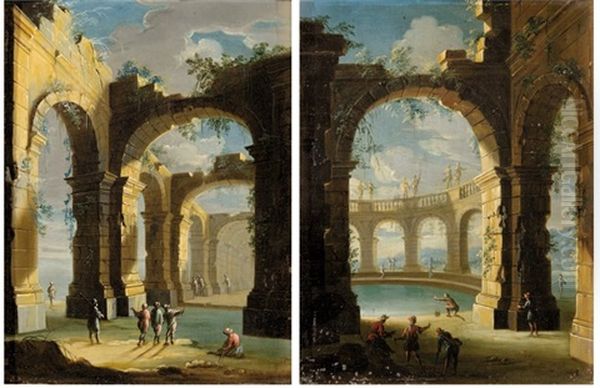 Thermes Antiques En Ruines Avec Personnages (pair) Oil Painting by Gennaro Greco