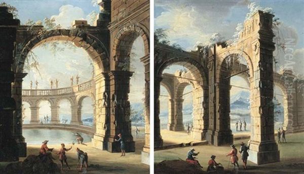 Figures Amongst Classical Ruins (+ Figures By A Pool Of Water Surrounded By Classical Ruins; Pair) Oil Painting by Gennaro Greco