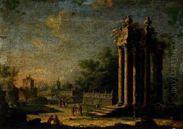 River Landscape With Figures Among Classical Ruins Oil Painting by Gennaro Greco