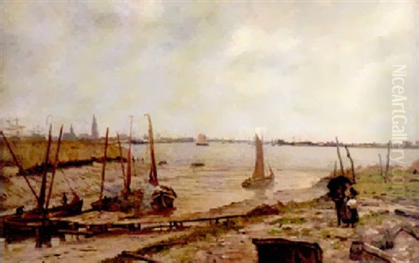 A View Of The River Scheldt Near Antwerp, With Moored Shipping In The Foreground Oil Painting by Jean Baptiste de Greef