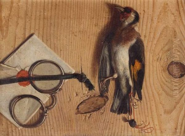 Trompe-l'oeil Au Binocle Et Au Chardonneret Elegant Sur Sa Toile D'origine Oil Painting by Gabriel Gresly