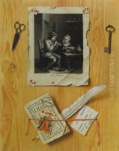Trompe L'oeil Still Life Of A Print, A Letter, A Pamphlet, A Playing Card, A Quill Pen, Scissors And A Key, All Tacked To A Wooden Board Oil Painting by Gabriel (Gaspard) Gresly