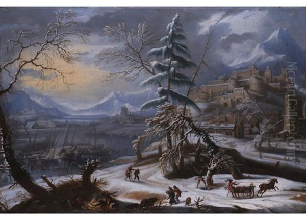 Winterlandschaft Vor Burg Und Zugefrorenem See Oil Painting by Jan Griffier the Elder