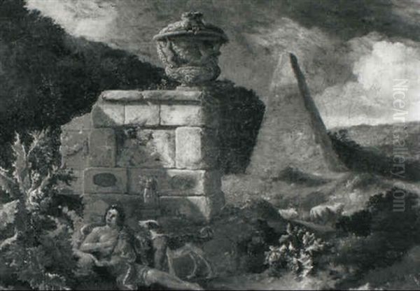 A Shepherd At Rest With A Dog By A Ruin Oil Painting by Jan Griffier the Elder