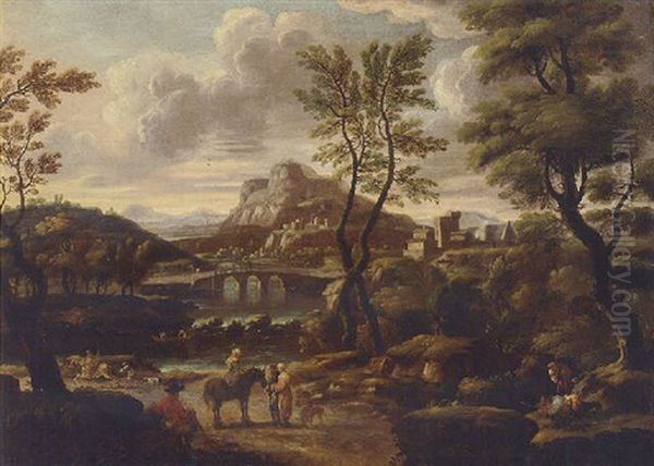An Extensive Landscape With Travellers On A Track, A Bridge And Village Beyond Oil Painting by Giovanni Francesco Grimaldi