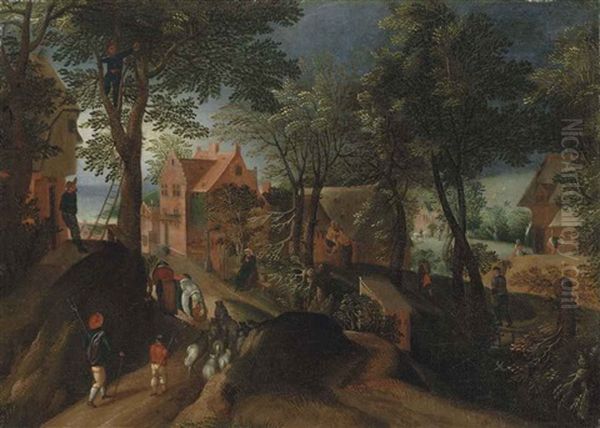 Autumn: A Village With Peasants Gathering Fruit And Herdsmen Driving Their Flock Oil Painting by Jacob Grimmer