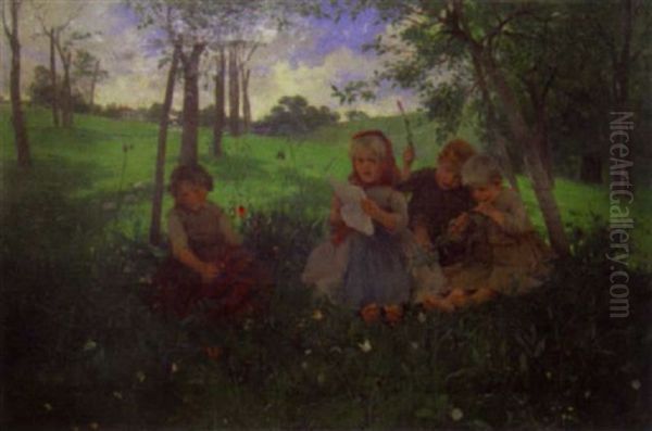 Spielende Kinder Auf Der Wiese Oil Painting by Conrad Grob