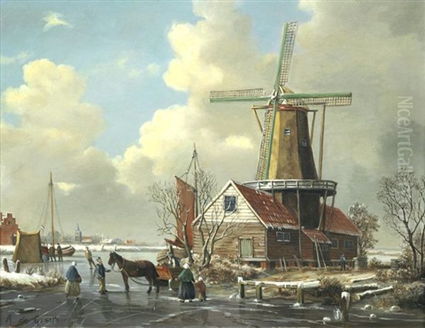 Figures On A Frozen River, A Pair Each 27.5 X 35.5cm (10 5/8 X 13 9/16in).(2) Oil Painting by A. de Groote