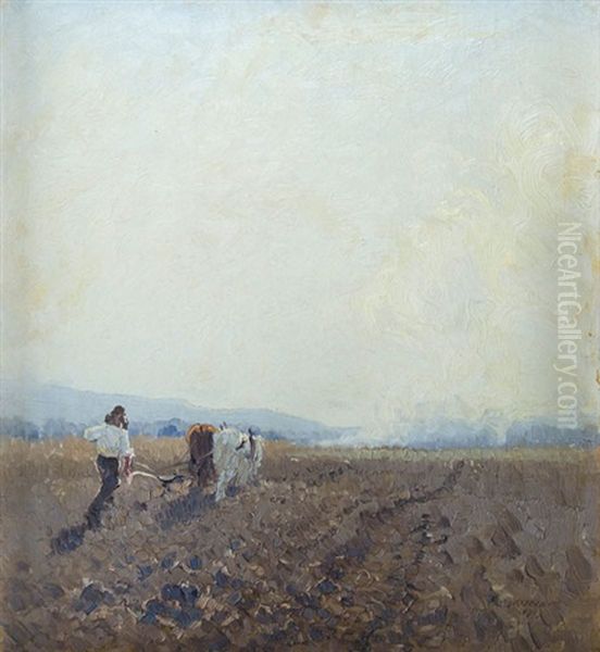 Ploughing Windsor Oil Painting by Elioth Gruner