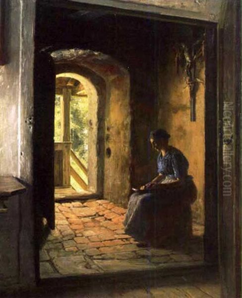 Bauernmagd Beim Kartoffelschalen Oil Painting by Eduard von Gruetzner